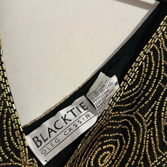 NWT Oleg Cassini black tie VINTAGE 90s silk beaded circle deadstock top blouse - Picture 5 of 6